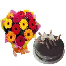 Chocolate Cake and Mix Gerbera Flowers